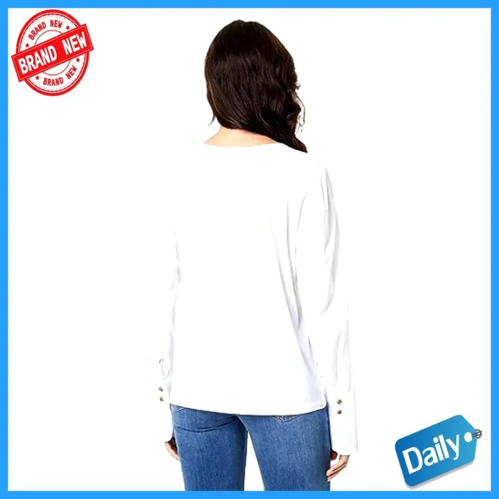 Long Sleeve Blouse with Button Cuffs, 100% Cotton Pull-On Top